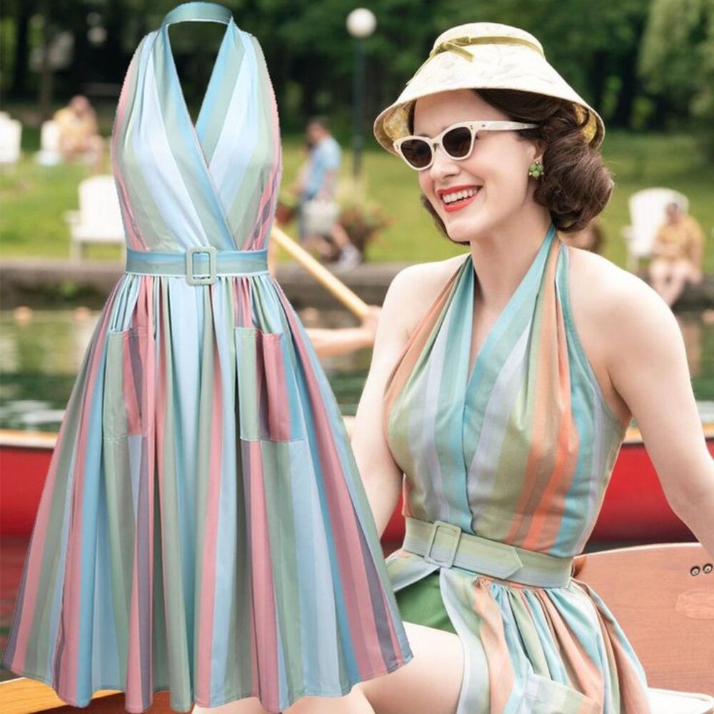 Pastel Halter Dress with Slit – Mrs. Maisel-Inspired Vintage Glam